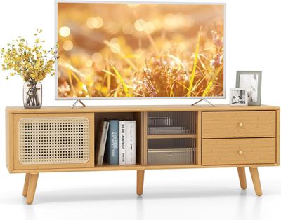 KOMFOTTEU TV-Schrank aus Bambus, TV-Möbel bis 65 Zoll, Wohnzimmertisch mit 2 Schubladen und 4 Fächern, mit Türen aus Rattan und Glas und 5 Beinen, 140 x 31 x 45,5 cm