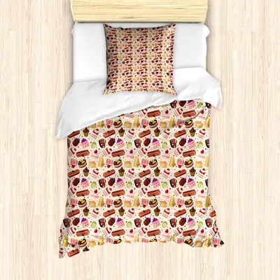 Immagine prodotto di Set copripiumino ABAKUHAUS Dessert, motivo con dolci alla frutta e torta al cioccolato su sfondo colorato a pois, 135 x 200 cm + 80 x 80 cm, multicolore