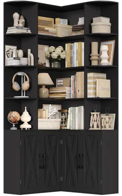 Zdjęcie produktu dla Narożny regał na książki – regał w kształcie litery L – wysokość 187 cm – wymiary 80 x 80 cm – 16 półek – wolnostojący – do salonu i biura – kolor czarny
