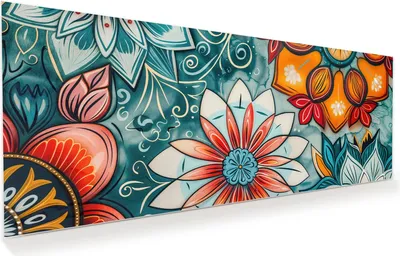 Produktbild von Glasbild 100x40cm in XXL für Wohnzimmer, Schlafzimmer Motiv Blumenmuster Mandala
