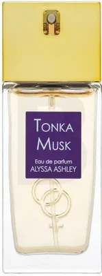 A clear, front-facing studio shot of a bottle of Alyssa Ashley Tonka Musk Eau de Parfum.