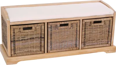 Zdjęcie produktu dla Ławka Bienne, schowek, 3 kosze, Kubu rattan wiklinowy, 112x46x37cm ~ jasny kolor