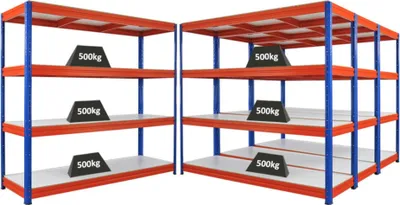 Produktbild von Mega Deal | 4x Schwerlastregal DINO | HxBxT 180x200x60cm | 4 Melamin-Ebenen 16mm | Fachlast 500kg | Blau/Orange