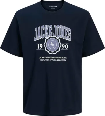 Image de T-shirt grande taille Jack&Jones bleu marine avec logo JJMAKO imprimé
