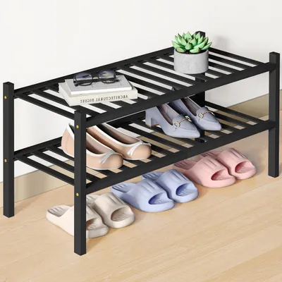 Produktbild von Schuhregal Bambus 2 Ebenen Schwarz Stapelbar Platzsparend