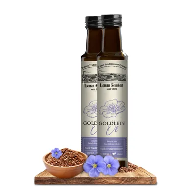 Produktbild von Leinöl, Leman Goldleinöl 2 x 250ml, reich an Omega-3, frisch aus der Ölmühle, traditionell hergestellt
