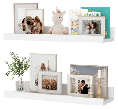 Image de Étagère murale, lot de 2, étagère suspendue de 40 cm en MDF, support mural pour cadres photo et objets de décoration, style industriel, idéale pour le bureau, la chambre à coucher et la cuisine (blanc, 40 cm)