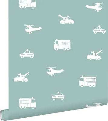 Zdjęcie produktu dla ESTAhome Tapeta samochody, wozy strażackie, helikoptery i dźwigi szaro-niebieskim 53 cm x 10.05 m