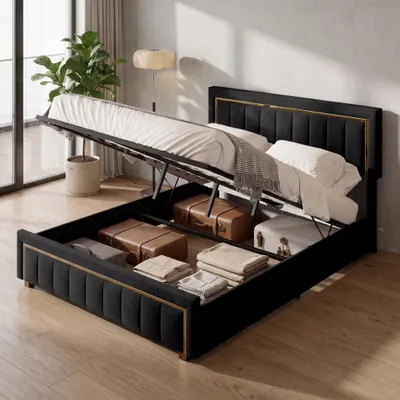 Zdjęcie produktu dla Łóżko tapicerowane INONEFT, 140x200 cm, łóżko z materacem sprężynowym, podwójne łóżko z miejscem do przechowywania, łóżko młodzieżowe z listwowym podłożem, rama z złotymi zdobieniami, aksamit, czarny kolor