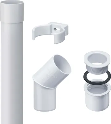 A collection of white PVC plumbing components, including a long pipe, an angled connector, a pipe clip, and a threaded fitting with a gasket.