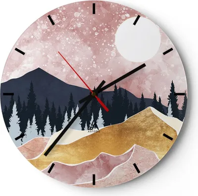 Produktbild von Wanduhr - Rund - Glasuhr - Grafik Modern Landschaft - 40x40cm - Schleichendes Uhrwerk - Lautlos - zum Aufhängen bereit - Dekoration Modern - Wanddekoration aus Glas - C3AR40x40-4832