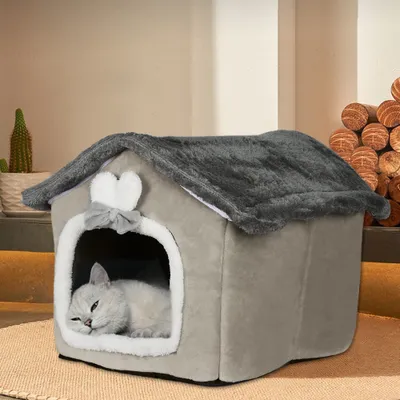 Image de Lit pour chats Cave à chats en peluche Chaud pour l'hiver Maison moelleuse pour chats 36x46x40cm