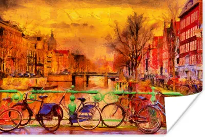 Produktbild von MuchoWow® Poster Gemälde - Fahrrad - Amsterdam - Gracht - Öl 60x40 cm - Schlafzimmerdekoration