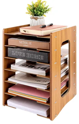 Zdjęcie produktu dla Pojemnik na dokumenty z drewna – organizer na biurko – segregator – 7 przegródek – format A4 – wymiary 31 x 27 x 38,6 cm – konstrukcja zapewniająca wentylację