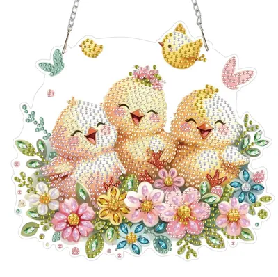 Produktbild von 5D Diamant Malerei Hängendes Ornament Kit Küken Anhänger Blumen Beidseitig mit Kette 19.8x18cm Gelb Pink Grün