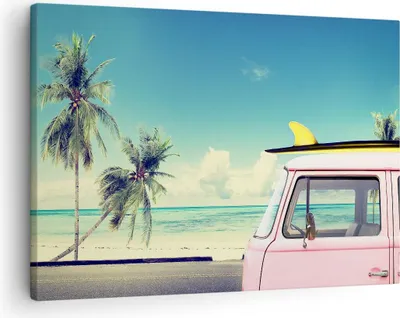 Produktbild von Bild auf Leinwand - Leinwandbild - Auto Surfbrett Strand Ozean - 70x50cm - Wand Bild - Wanddeko - Leinwanddruck - Bilder - Kunstdruck - Wanddekoration - Leinwand bilder - Wandkunst - AA70x50-2835