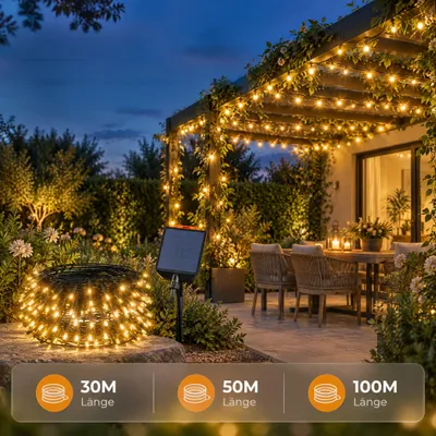 Imagen del producto de VA-Cerulean: Guirnalda de luces LED solares decorativas, 100 metros, 1000 LEDs de luz cálida, con temporizador, para una iluminación ambiental