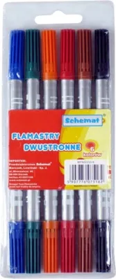 Zdjęcie produktu dla Flamastry Dwustronne SCHEMAT 6 KOLORÓW MAZAKI PISKAKI KOLOROWE NIEBLAKNĄCE