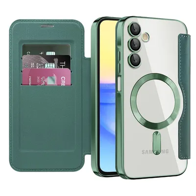 Image de Etui pour Samsung Galaxy A15 compatible avec MagSafe, étui transparent avec porte-cartes, étui en cuir avec protection de l'appareil photo vert