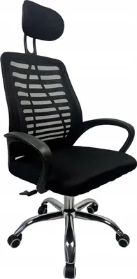 Zdjęcie produktu dla Krzesło biurowe KRIS, fotel obrotowy ergonomiczne, oparcie z siatki mesh, regulowany zagłówek, regulacja wysokości siedziska, chromowana podstawa, czarne, do biura i home office