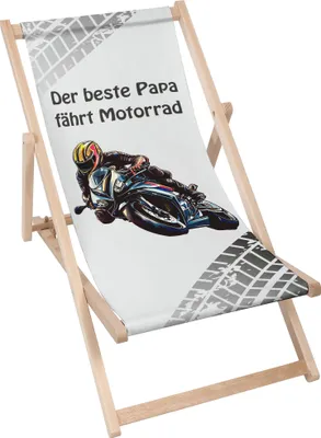 Image de Dreamroots Chaise longue pliante bois jusqu'à 130 kg, Chaise longue pliante avec dossier inclinable sur 3 positions, Le meilleur papa roule en moto