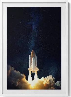Produktbild von Rakete, die in den Weltraum abhebt– Wandbild mit Rahmen – Gerahmtes Bild – Wanddekoration – 70x100 cm – Weiß Rahmen