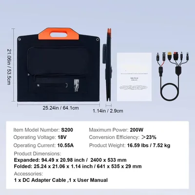 Immagine prodotto di Pannello solare pieghevole - 200W - Monocristallino - Impermeabile e portatile - ideale per centraline elettriche portatili e campeggio