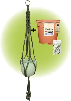 Produktbild von MePla - Set - Ampel Makramee Naturgrün - Basel ø14 Lindgrün + Kulturtopf ø13 + Beipack-Set 21550-001