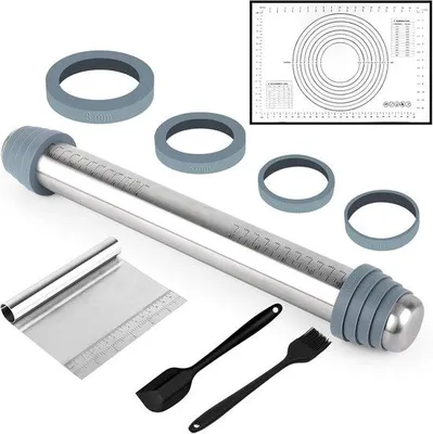 Produktbild von Famanu Teigrolle mit Antihaftbeschichtung - Verstellbare Backrolle mit Backmatte, Silikonringen und Teigschneider