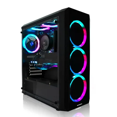 A gaming computer case with RGB lighting.