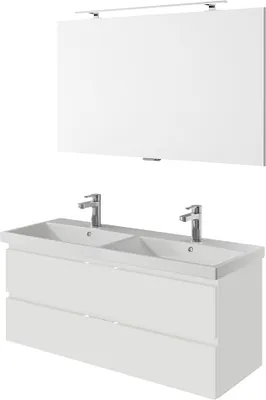 Produktbild von Waschplatz Set, grifflos, 120cm breit, in weiß Glanz mit Doppelwaschbecken VILLATORO-66, B/H/T ca. 120/200/45 cm