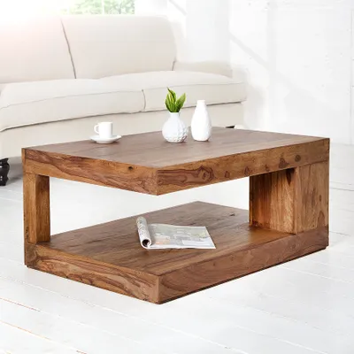 Produktbild von riess-ambiente Massiver Edelholz Couchtisch GIANT L 90cm natur Sheesham stone finish mit Ablage Beistelltisch Tisch