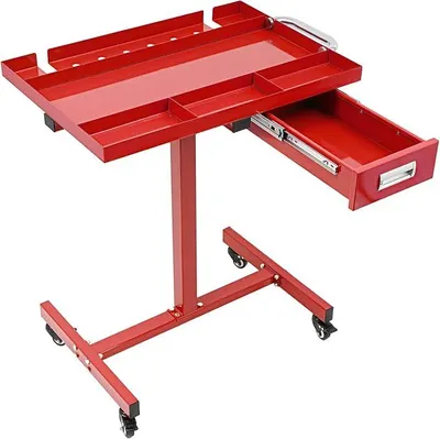 Productafbeelding van Werkbank met gereedschapskast, lade, opbergrek en wielen, geschikt voor garage, werkplaats of reparatiegebied. Afmetingen: 80,5 cm x 90,3 cm. Draagvermogen: 100 kg (rood)