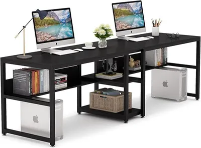 Productafbeelding van Bureau, computerbureau, 200 x 60 x 75 cm. Dubbel bureau, lang bureau, hout. Computerbureau, werkplek, PC-bureau, kantoorbureau, vergaderbureau voor thuiswerken, zwart