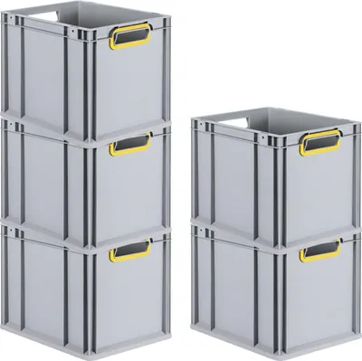 Produktbild von SparSet 5x Eurobox NextGen Color | HxBxT 32x30x40cm | 30 Liter | Griffe gelb offen | Glatter Boden | Grau | Eurobehälter, Transportbox, Transportbehälter, Stapelbehälter