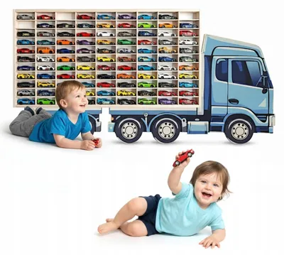 Modellauto-Regal für 80 Autos 1:64 – Wandregal & Setzkasten für Spielzeugautos, Lkw-Motiv, Blau, Birken-Sperrholz – Gesamtansicht auf neutralem Hintergrund