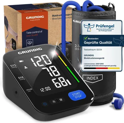 Produktbild von GRUNDIG Blutdruckmessgerät Oberarm - hochpräzise - einfachste Bedienung - perfekt ablesbar - Herzrhythmusstörungen Erkennung - Risikobewertung - Manschettensitzkontrolle - 240 Speicherplätze