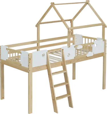 Produktbild von Flieks Etagenbett 90x200cm mit Leiter, Kinder Hochbett mit Rausfallschutz und Lattenrost, Kinderbett Hausbett Holzbett mit Wolkenmuster, Naturbelassen