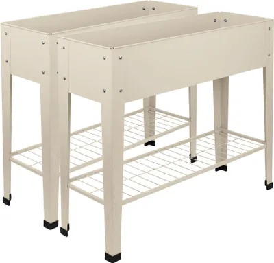 Two elevated garden beds with storage shelves are shown against a white background.