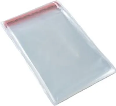 A stack of clear plastic bags with a red adhesive strip on one edge, shown on a white background.