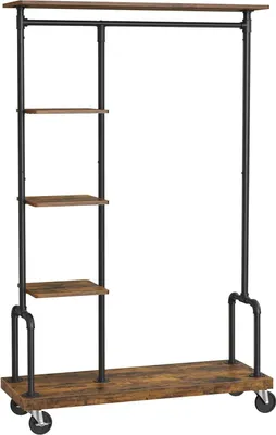 Produktbild von VASAGLE Garderobe, Garderobenständer auf Rädern, mit 5 Einlegeböden, aus Metallrohren, Holzoptik, vintage, dunkelbraun