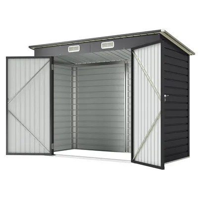 Image de Abri de jardin en acier galvanisé, abri de jardin en acier avec double porte horizontale, maisonnette de jardin grise | 39 kg | 2 fentes de ventilation | 249 x 121 x 183 cm