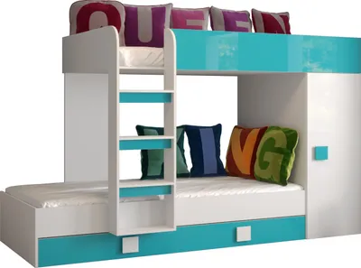 Produktbild von Etagenbett für Kinder Toledo 2 Stockbett mit Treppe und Bettkasten (Weiß + Türkis Glanz)