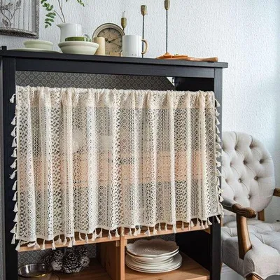 Productafbeelding van Ibenzoa® Korte gordijnen in vintage boho-stijl met franjes – lichtdoorlatend, katoen-linnen, met gebreide kant, geschikt voor roede, voor keuken en slaapkamer
