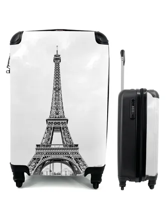 Produktbild von MuchoWow® Koffer Handgepäck Trolley Rollkoffer Kleine Reisekoffer mit 4 Rollen - Schwarz-Weiß-Foto des Eiffelturms - Cabin Size < 55x40x23 cm & 55x40x20 cm - Fotokoffer - Kabinenkoffer - Boardgepäck - Reise-Box - Reisekoffer - Reisegepäck - Koffer mit Bild - Trolley für Kinder