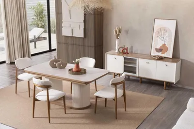 Image de Table à manger, 4 chaises, buffet, salle à manger, style moderne, couleur marron et blanc, neuf