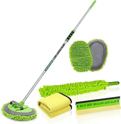 Productafbeelding van Unyqoos® Autowasborstel 6-in-1 – 160 cm telescopische steel (4-delig, aluminium), microvezelset met ruitenwisser, reserve pads en handschoen voor auto, camper, SUV