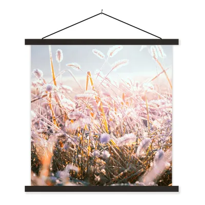Produktbild von MuchoWow® Textilposter Gras - Sonne - Winter - Schnee 60x60 cm mit schwarzem Rahmen - Posteraufhänger