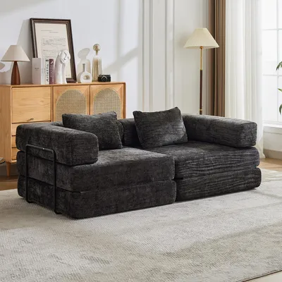 Produktbild von Kompressionssofa, 1 Stück, schwarz, umwandelbar, Chenille, ohne Aufbau, für Wohnzimmer und Schlafzimmer