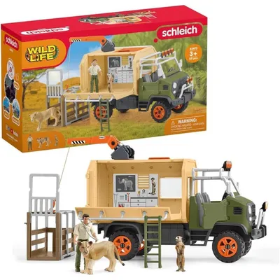 Image de Camion de sauvetage des grands animaux. Coffret de jeu de 45 pièces avec 2 figurines d'animaux. 1 figurine de ranger articulée et